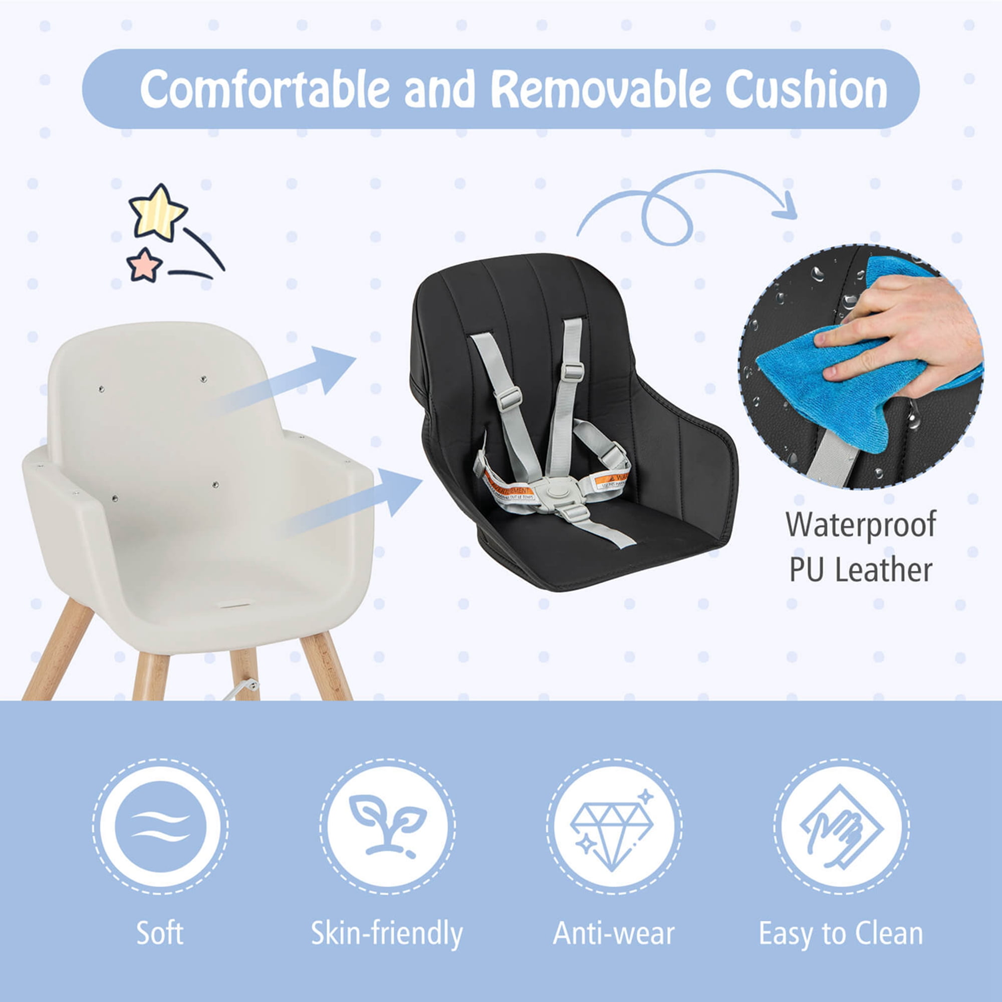 Babyjoy 3 in 1 Convertible Wooden High Chair Toddler Feeding Chair with Cushion Black