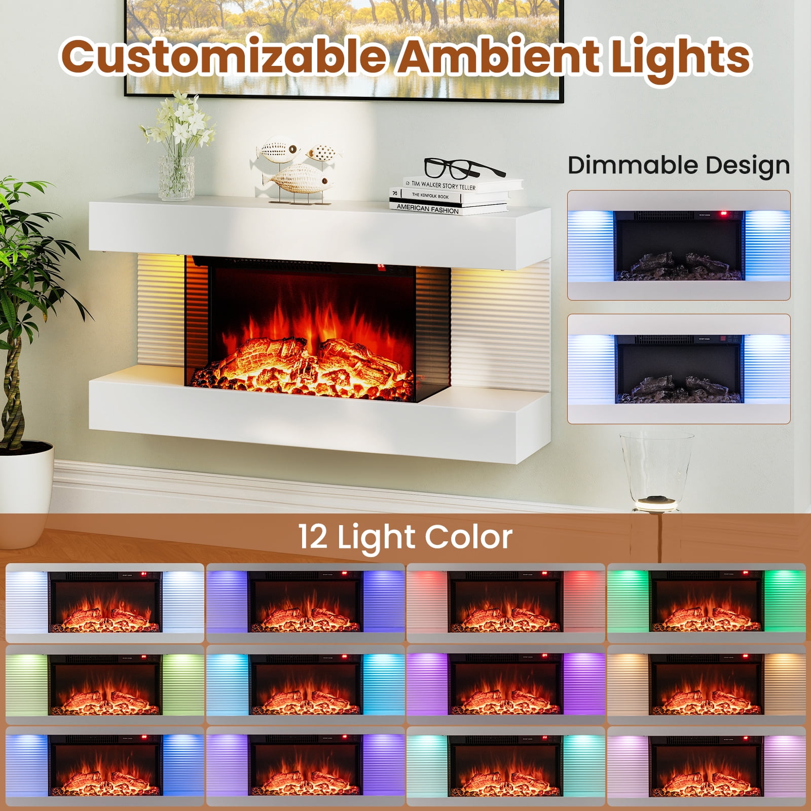Gymax 18'' Electric Fireplace w/ 32'' Floating Mantel 12-Color Dimmable Flame 8H Timer