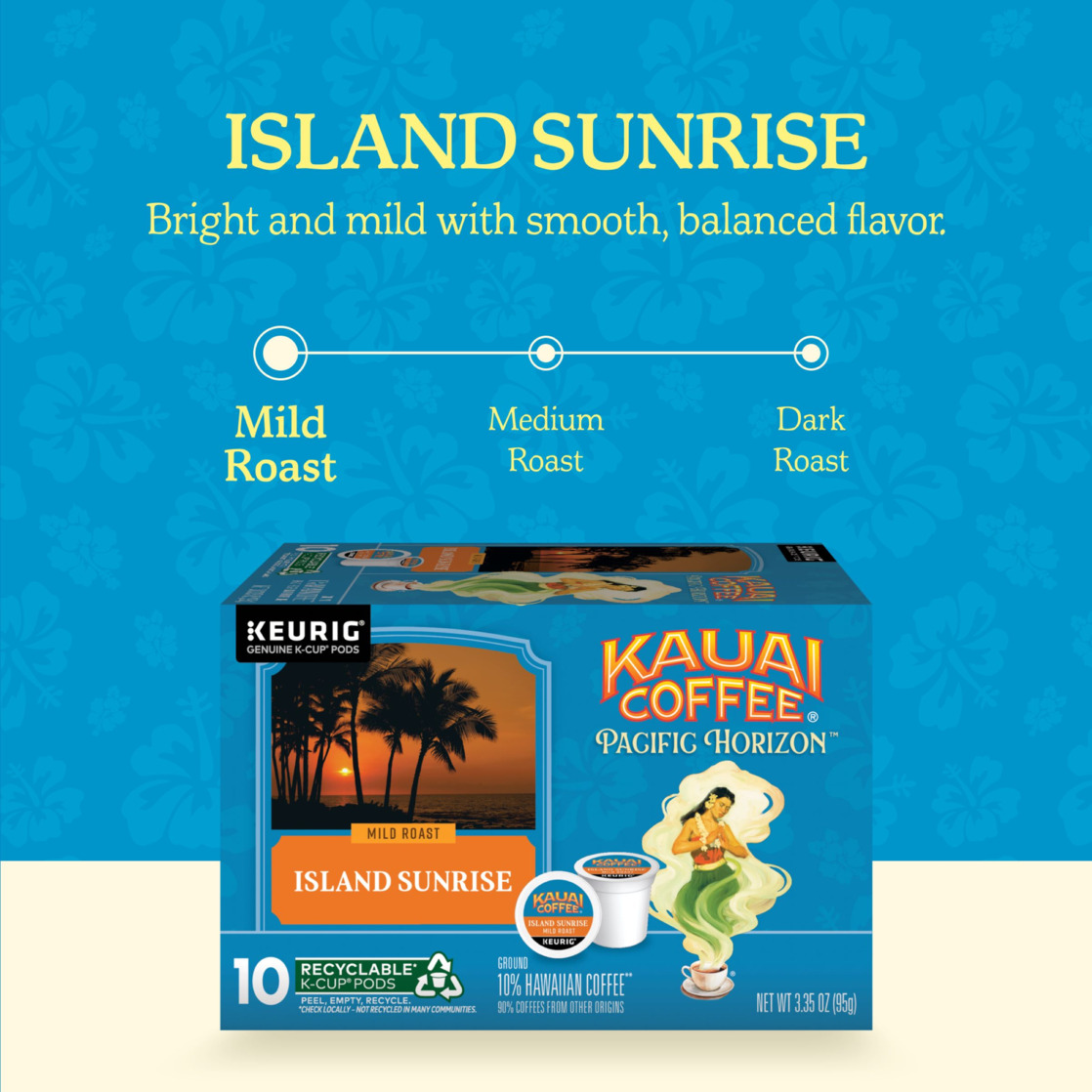 Kauai Coffee, K-Cup Pods, Island Sunrise Mild Roast Arabica, 10ct