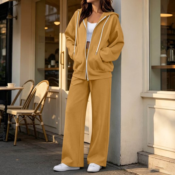 KIHOUT Women 2 Piece Tracksuit Full Zip Hooded Sweatshirt Top Elastic Waist Wide Leg Sweatpants Casual Winter Loungewear Set With Pockets