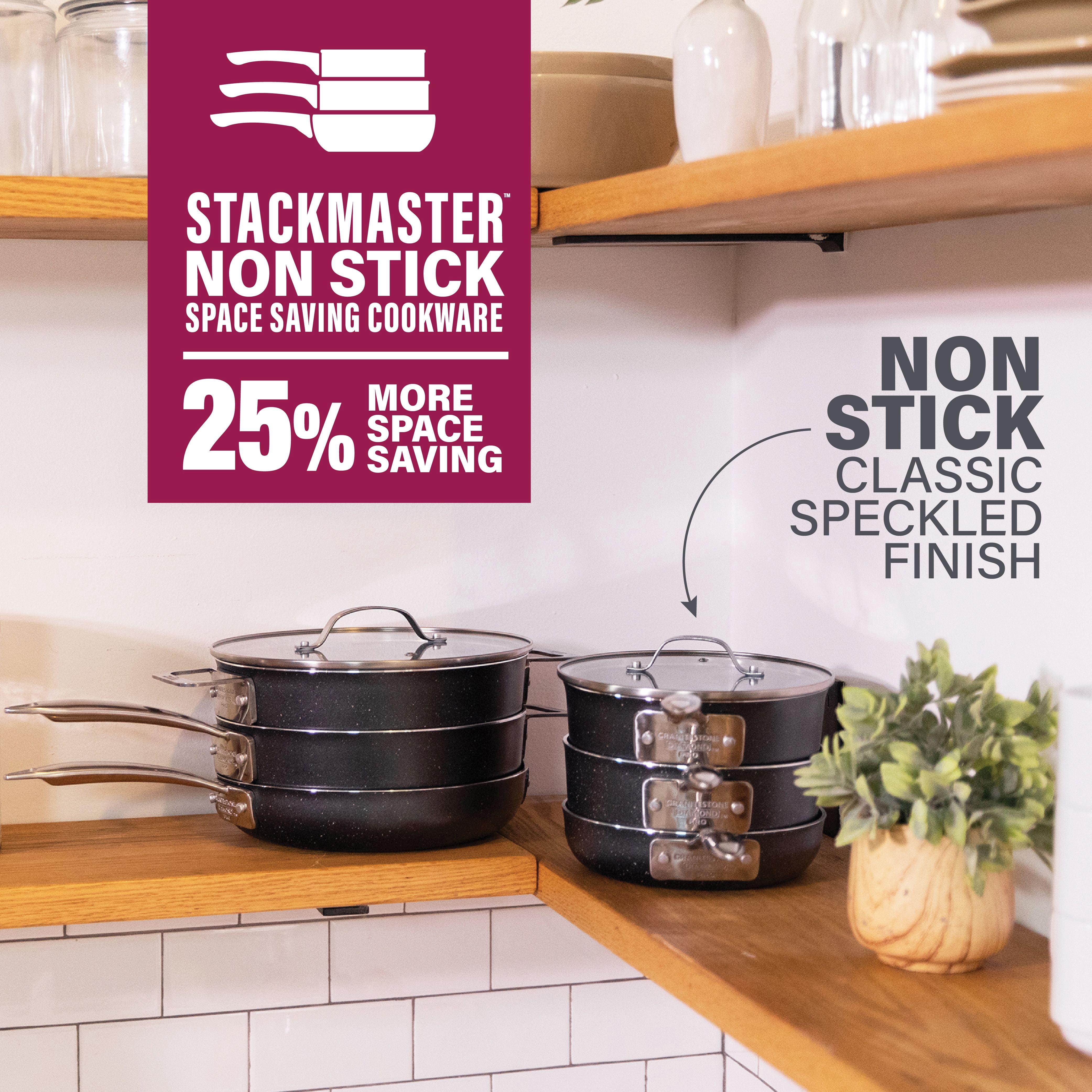 Granitestone 10" Stackmaster 5 Piece Nonstick Pots and Pans Set, Stackable Aluminum Cookware Set, Non Stick