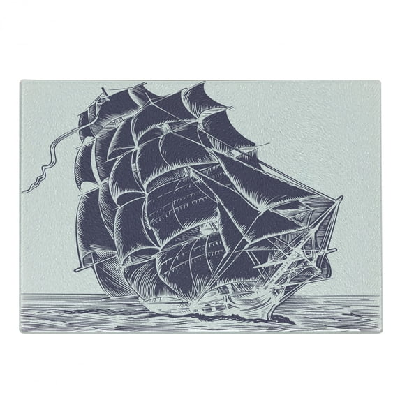 Nautical Cutting Board, Old Sail Boat in the Ocean on White Background Pirate Treasure Retro Illustration, Decorative Tempered Glass Cutting and Serving Board, Small Size, Lavender, by Ambesonne