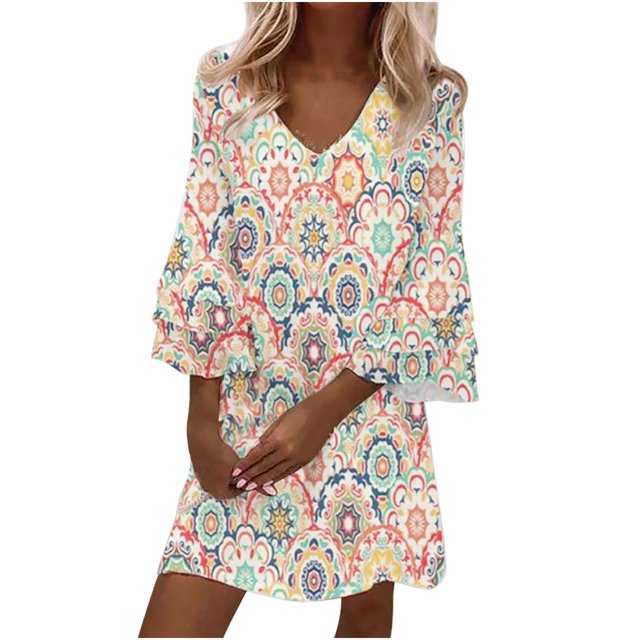 Vestido de manga larga con volantes y estampado de manga larga con cuello en V y otoño para mujer Pompotops hdfakjf8060