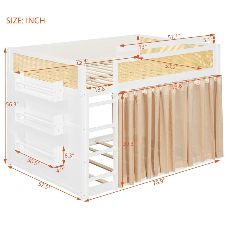 Full-Over-Full Bunk Bed with Bedside 3-Tier Storage Bookshelf, Teens/Kids Rattan Guardrail Bed Frame with Curtain & Light