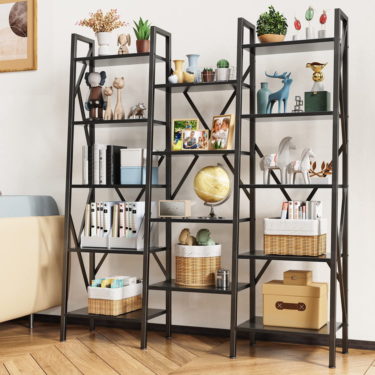Bealife Modern Triple Wide 5Tier Industrial Bookshelf with Storage for