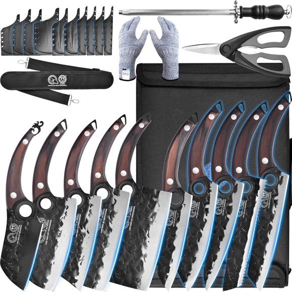 XYJ Ensemble de Couteaux de Cuisine Professionnels avec Lames Forgées en Acier à Haute Teneur en Carbone, Couteau de Chef, Couperet, Couteau à Découper, Nakiri, Design Pleine Soie, Inclut Sac de Transport et Ciseaux à Volaille