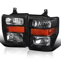 Spec-D Tuning Black Headlights W/ Amber Reflector Compatible with 2008-2010 Ford F250 F350 F450 Super Duty L R Pair Head Light Lamp Assembly