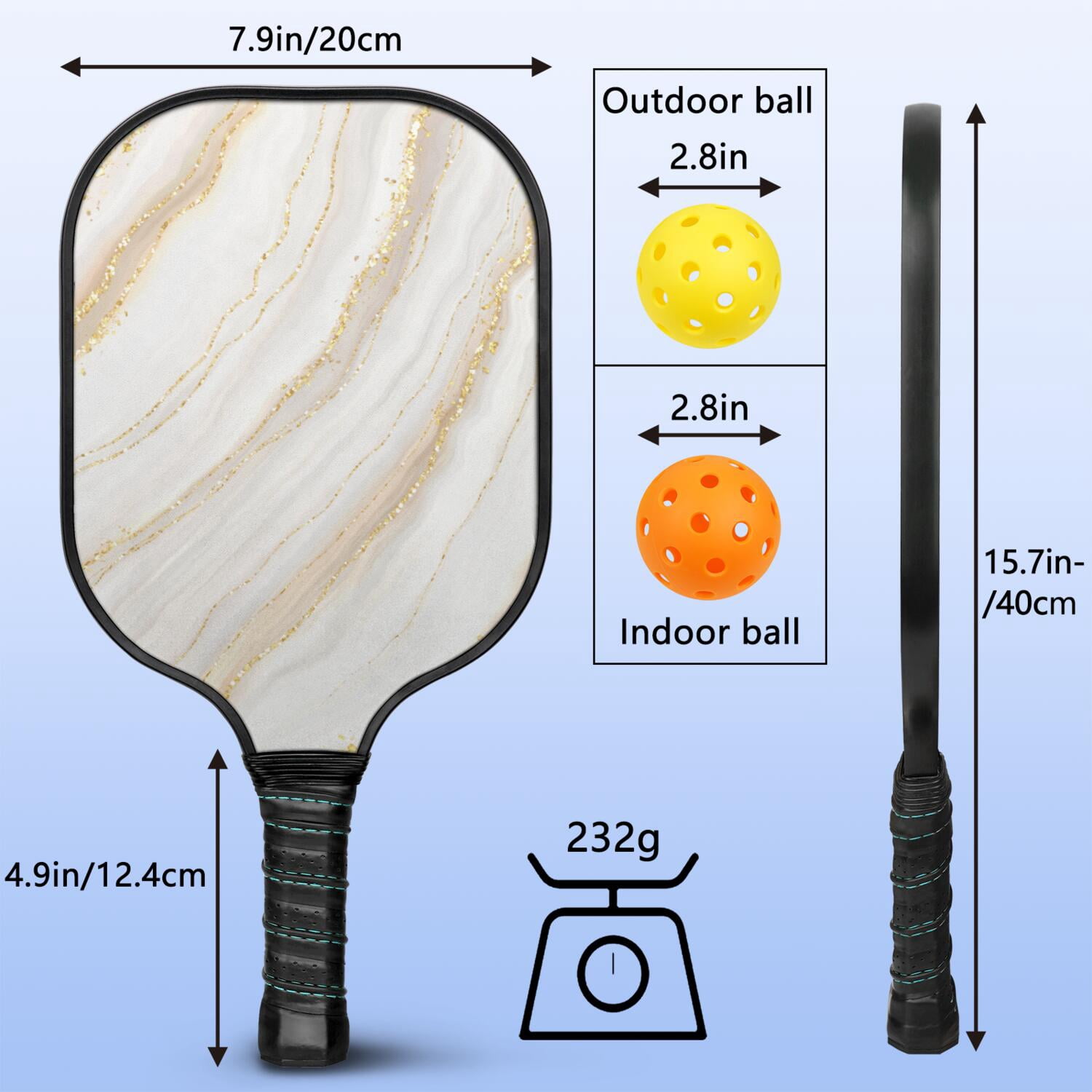 Pickleball Paddles Set Of 1, Fiberglass Surface, Turquoise Marble Pattern, 1 Paddle, 2 Balls & Bag