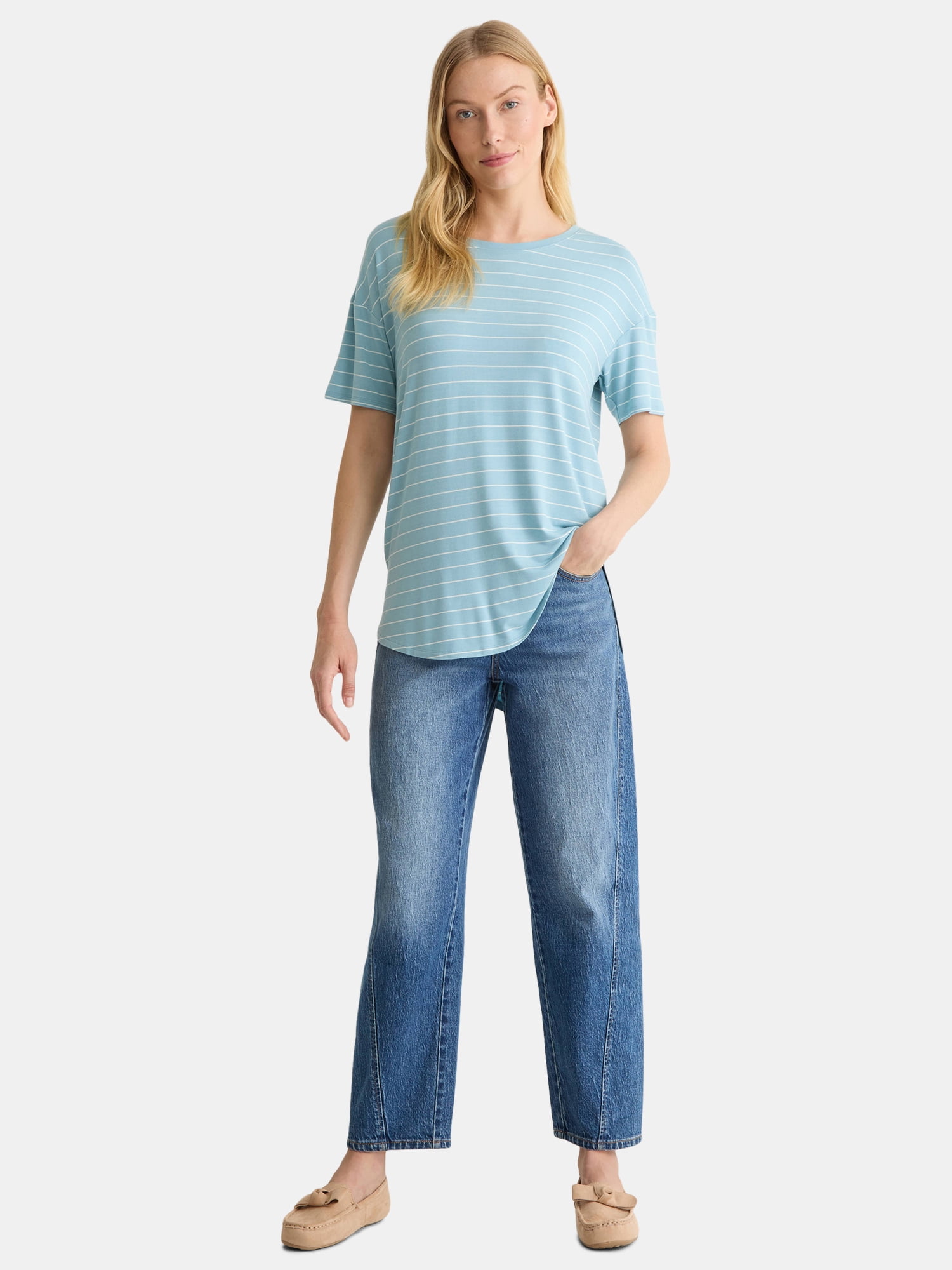 Time and Tru Women’s Crewneck Tunic Tee with Short Sleeves, Sizes XS-XXXL