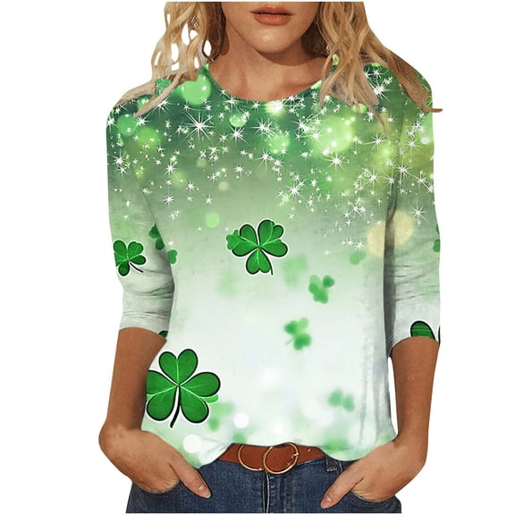 miqiqism Women's 3/4 Sleeve Shirts Gradient Tunic Tops Shamrock Lightweight Blousers Comfy Round Neck Tshirts Summer Plus Size Outfit St Patricks Day,#01_Green,Large
