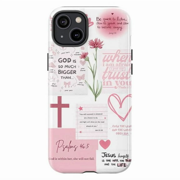 Christian Faith Inspirational Phone Case, Bible Verses & Cross Collage iPhone Cover, Encouragement Design for iPhone 16 15 14 13 12 11 Pro Plus Max Mini Pink