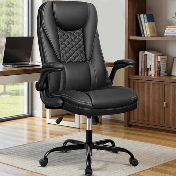 COOLHUT Big and Tall Office Chair, Executive Home Office Desk Chairs, Ergonomic Computer Faux Leather Desk Chair with Adjustable Flip-Up Arms, Lumbar Support Swivel Task Chair, Black