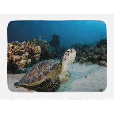 Turtle Bath Mat, Underwater Sea Animal on Coral Reef in Red Sea Egypt Amphibian Exotic Nature, Non-Slip Plush Mat Bathroom Kitchen Laundry Room Decor, 29.5 X 17.5 Inches, Brown Coconut Aqua, Ambesonne