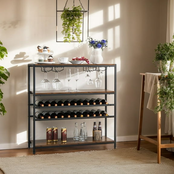 Resenkos 5-tier Wine Rack Table with Glasses Holder, Wine Storage Racks, Bar Cabinet, for Kitchen Dining Room