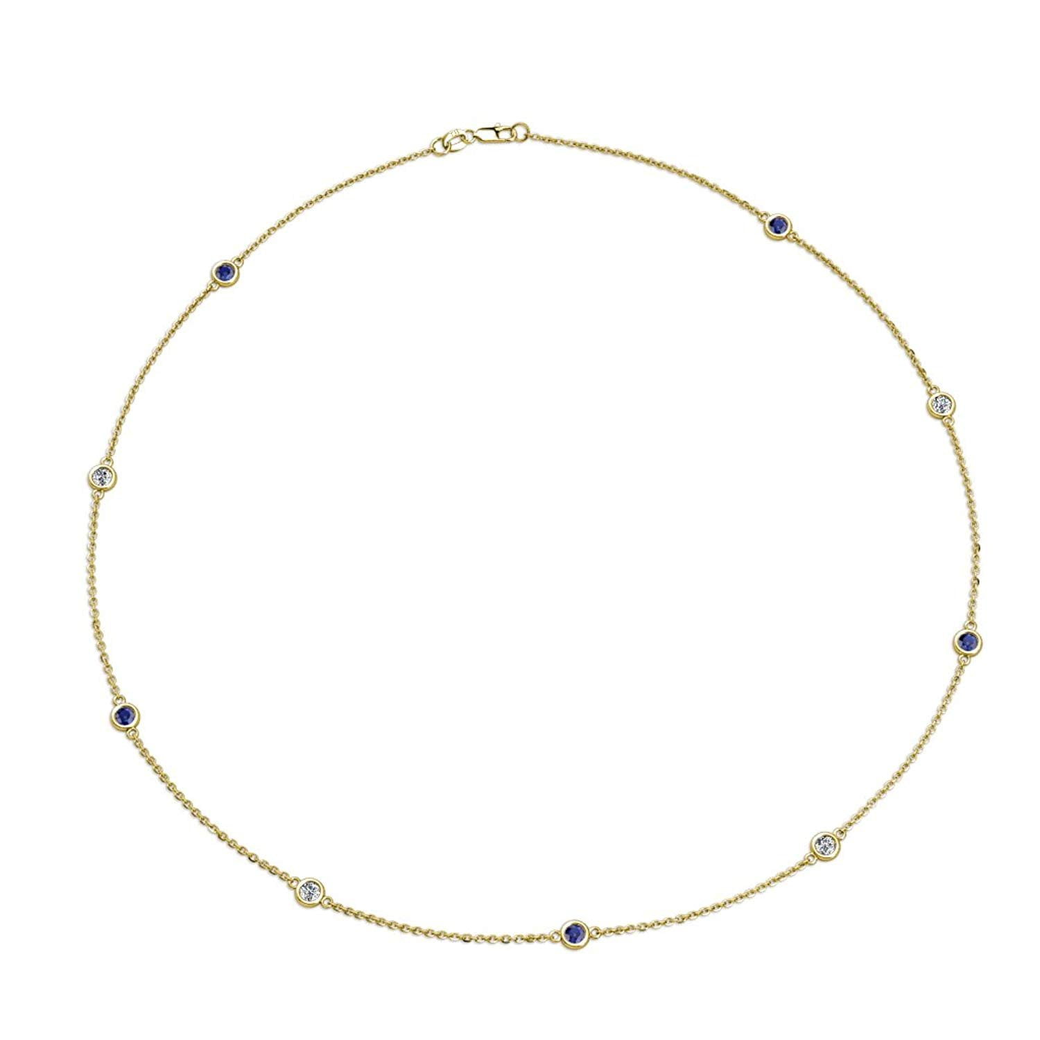 Blue Sapphire and Diamond (SI2-I1, G-H) 9 Station Necklace 0.65 cttw in 14K Yellow Gold by TriJewels