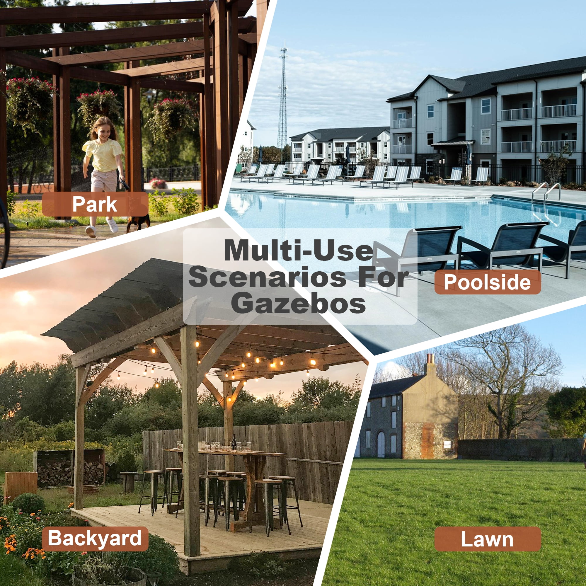 13'x6.5' Wooden Grill Gazebo with Sloping Metal Roof and 60 Pcs Bulbs, Grill Gazebo Suitable for 2 Bar Counters Grills, BBQ Canopy for Outdoor Patio, Lawn, Garden