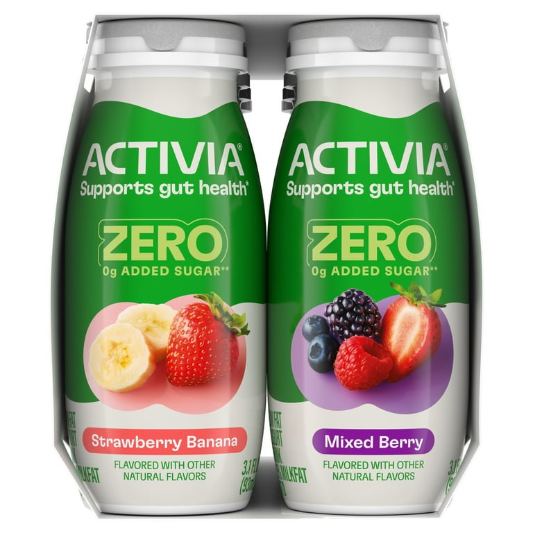 Activia Zero 0g Added Sugar* Strawberry Banana and Mixed Berry Probiotic Dailies, Lowfat Probiotic Yogurt Drinks, Zero 0g Added Sugar, 3.1 fl oz, 8 Count