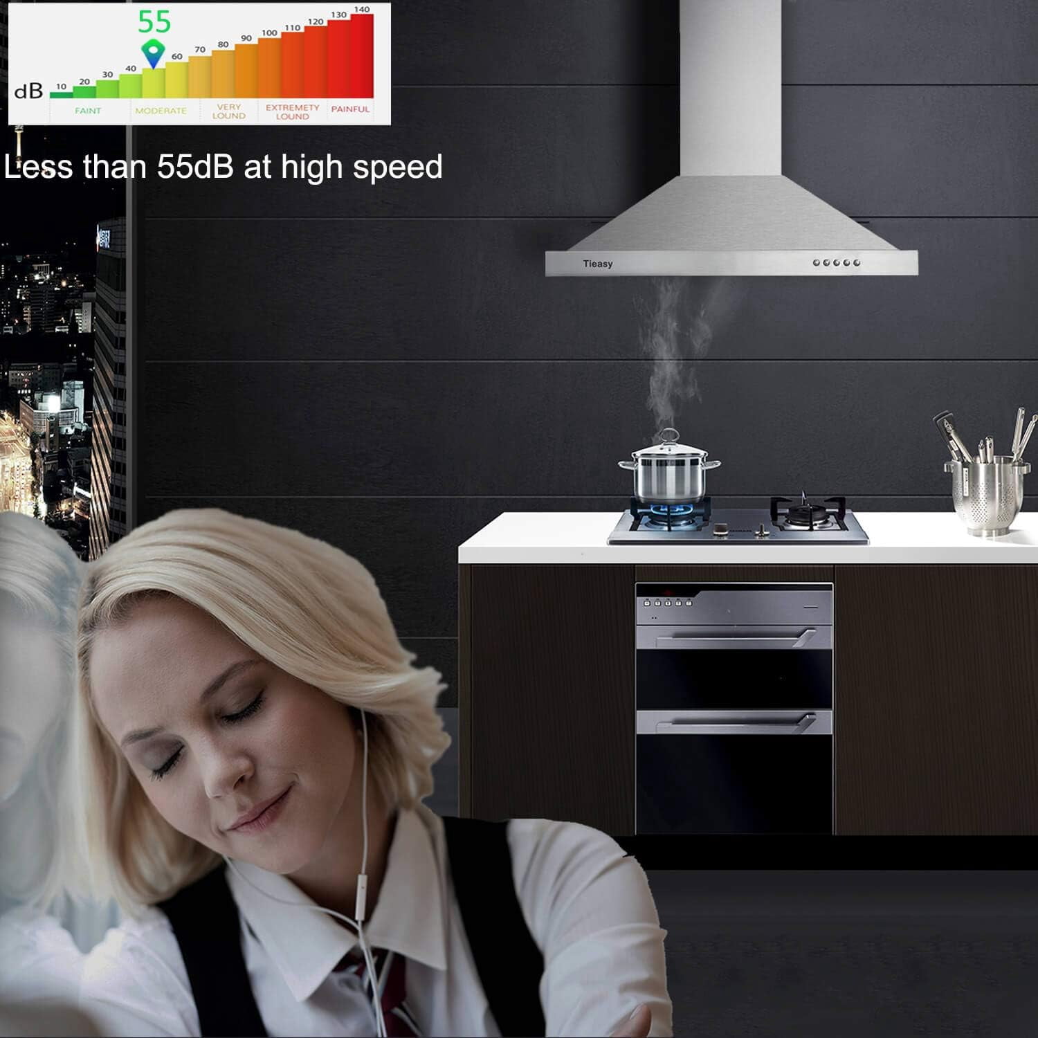 30 inch Wall Mount Range Hood 450 CFM with Ducted/Ductless Convertible Duct Stainless Steel Chimney-Style Over Stove Vent Hood with LED Light 3 Speed Exhaust Fan Black Hood Vents for Kitchen