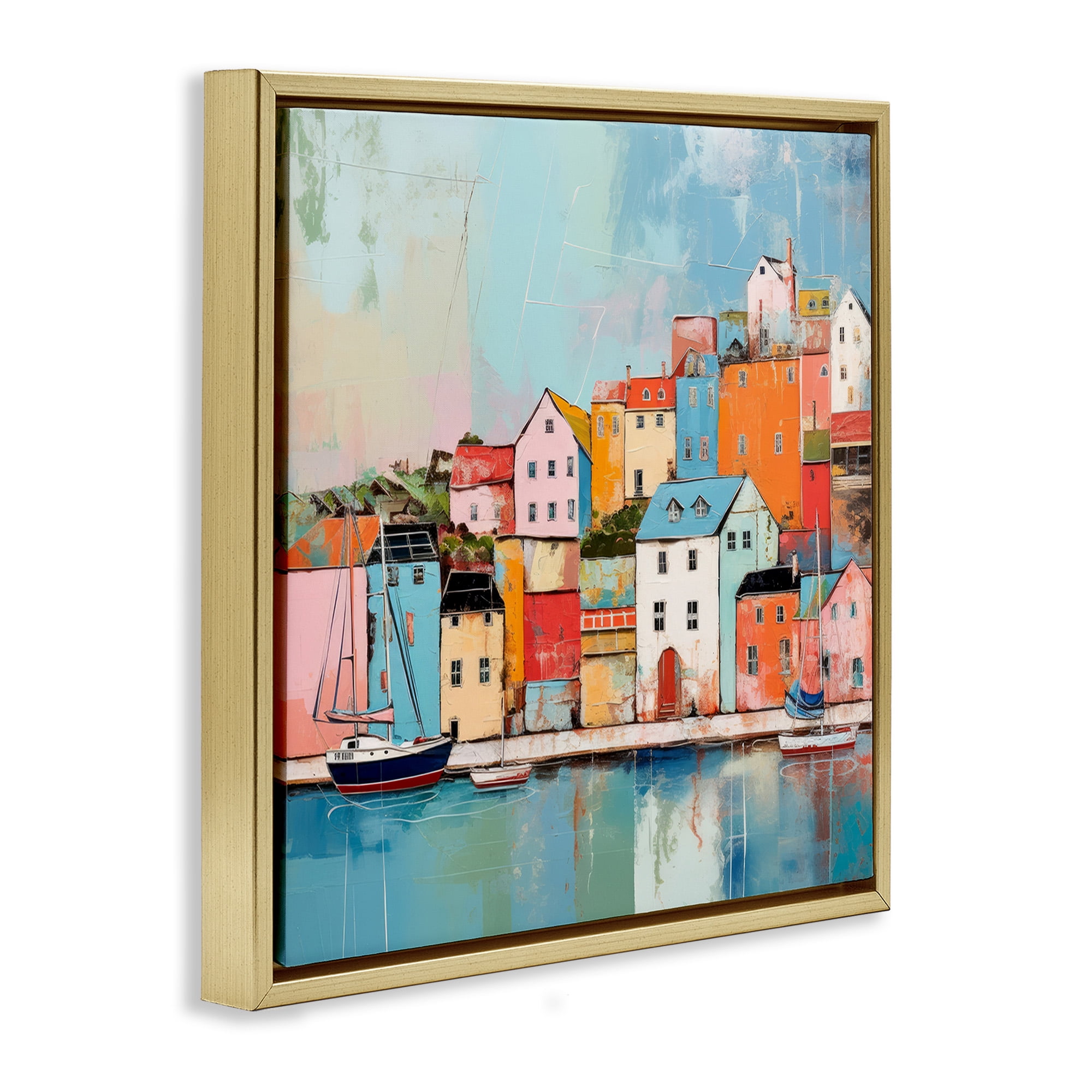 Stupell Industries Seaside Neighborhood Painting Transportation Painting Gold Floater Framed Canvas Art Print Wall Art, 18 x 18