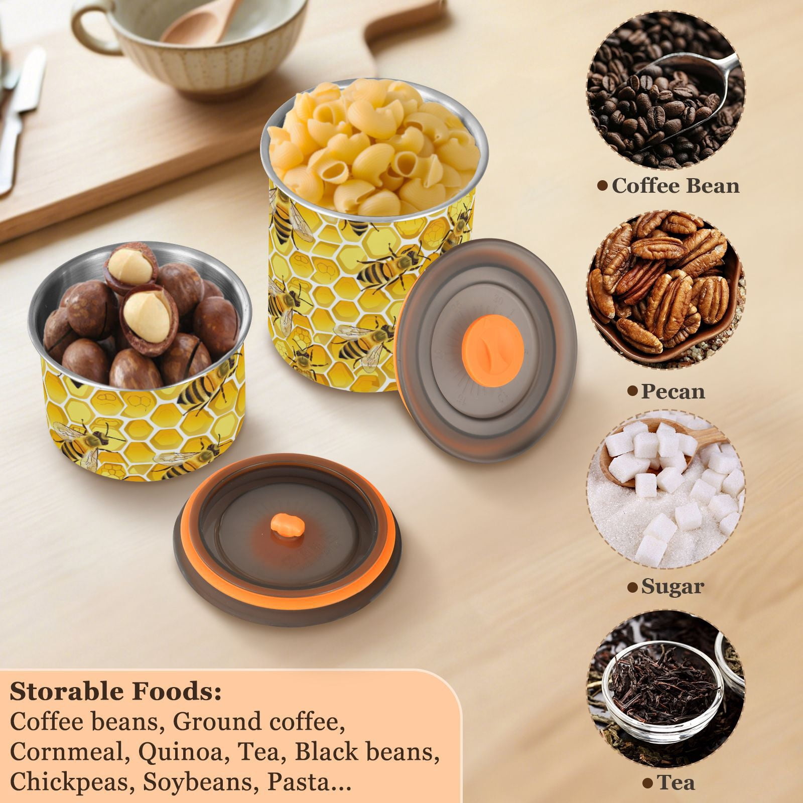Bee Honeycomb Airtight Coffee Bean Canister 30oz Food Storage Containers with Lids For Gournd, Tea, Sugar, Flour, Rice, Cereal, Candy Cookie Jar