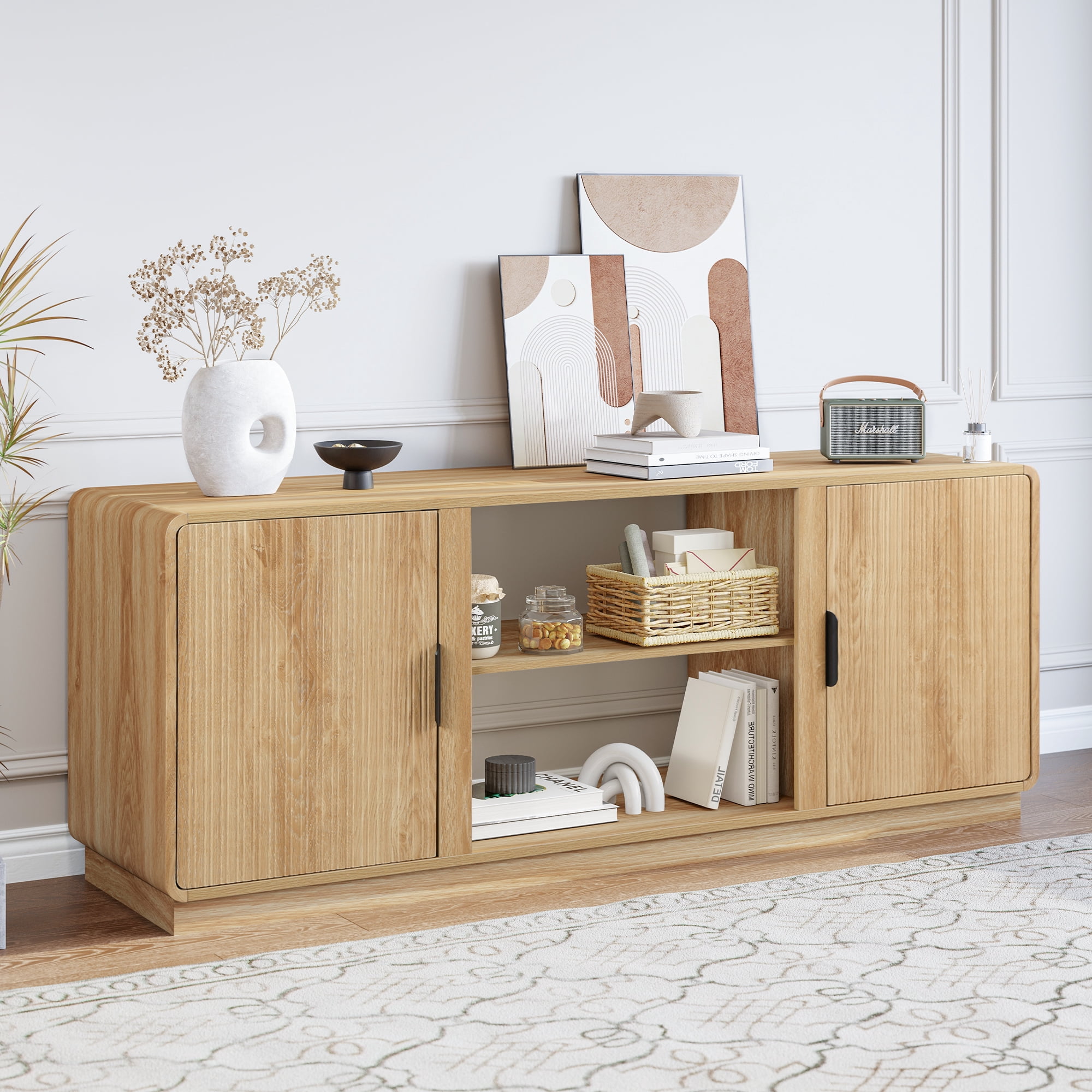 LEFHDA 60-inch Mid Century Modern TV Stand with Fluted Design & 2 Storage Cabinets, Entertainment Center for TVs up to 75" with Adjustable Shelf and Cable Management