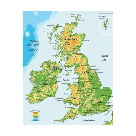 United Kingdom Ireland Scotland Topographical City Atlantic Ocean Map – Poster - Poster Print - Wooden Hanging Scroll Frame 11 x 17 Inch Poster
