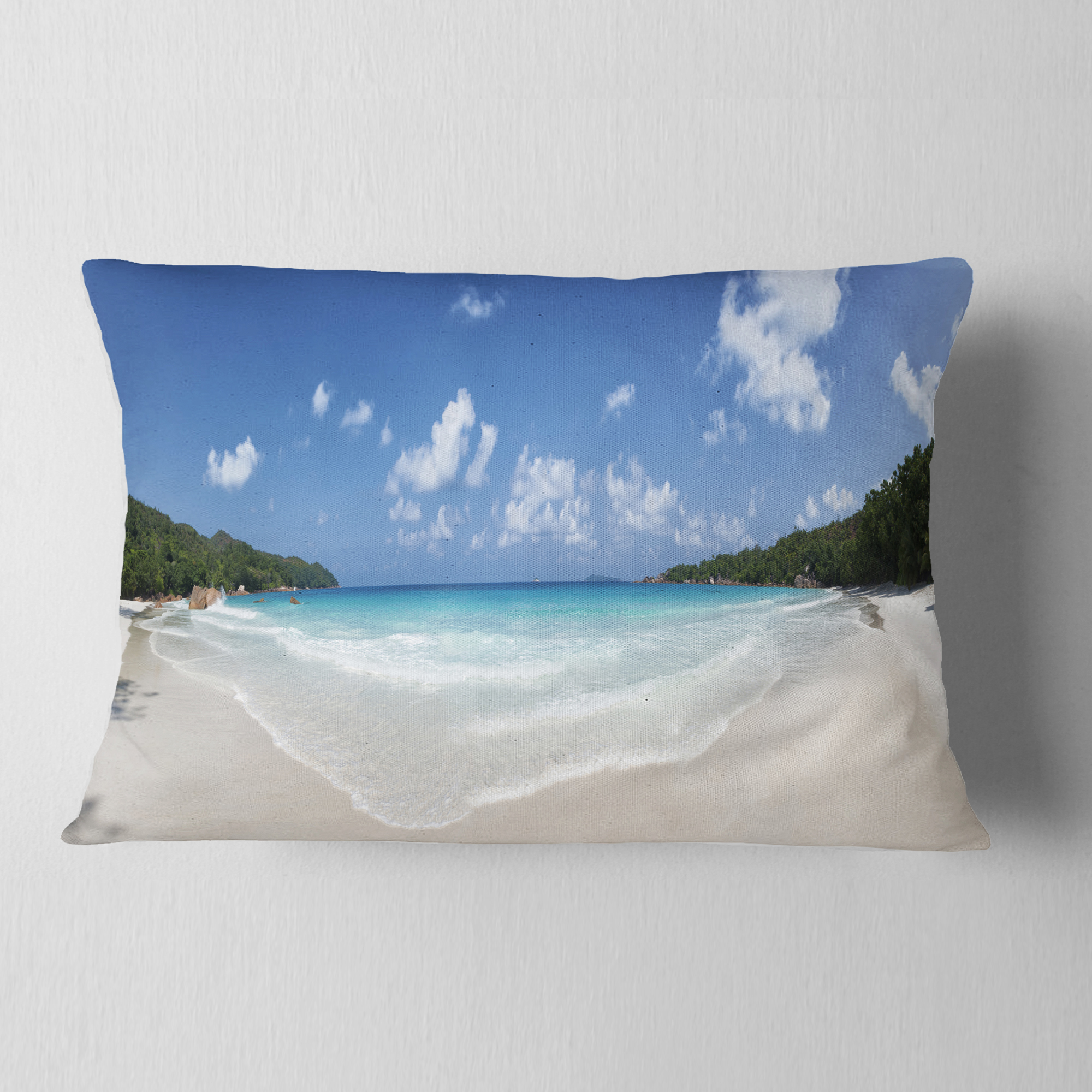 Designart Blue Seychelles Island Panorama - Seascape Throw Pillow - 12x20