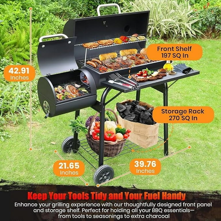 Charcoal Offset Smoker Grill - Family-Size 4-6 Person BBQ