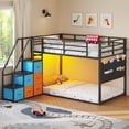 thumbnail image 3 of Twin Over Twin Bunk Beds with LED Lights, Low Bunk Bed Frame with 6 Storage Drawers and Pocket Organizer for 2 Teens, Twin Metal Bed Frame with Reversible Storage Staircase, Black, 3 of 9