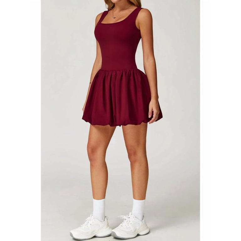 Womens Bubble Tennis Dress Squre Neck Sleeveless Workout Golf Athletic  Dresses Build in Shorts with Pockets Wine Red M - Walmart.com