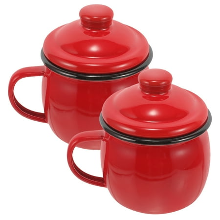 

PATKAW 2pcs Enamel Teacup Microwave Oven Safe Mug Drinking Cup Enamel Coffee Mug With Lid