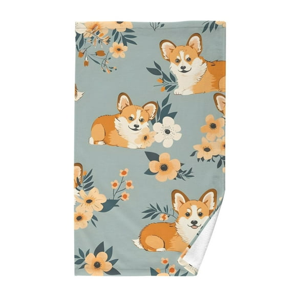Cute Dog and Flowers Cotton Face Towels Absorbent Hand Towel Soft Bathroom Towel for Kitchen Hotel Decoration