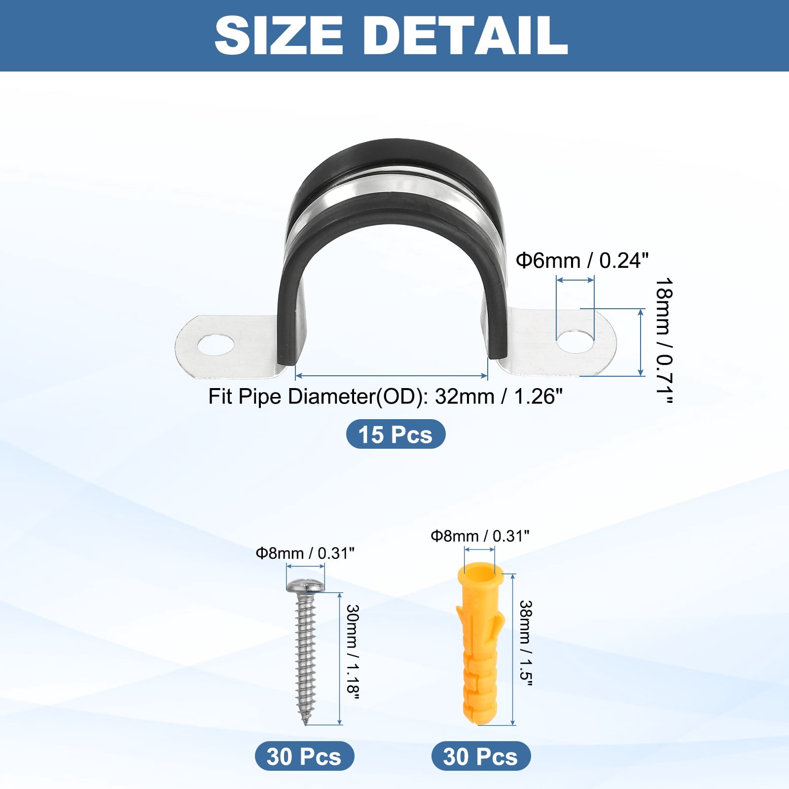 Uxcell 15 Pcs Pipe Strap Clamp, 32mm(1.26") Rubber Cable Clamp Rubber Cushioned 304 Stainless Steel U Bracket Tube Holder Support with Screws for Water Pipe HVAC Cable Management