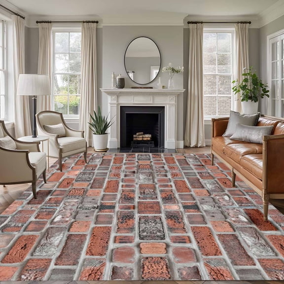 Red Brick Wall Area Rugs 6'x9', Small Throw Rugs for Kitchen Dining room, Vintage Farmhouse Stone Rocks Geometric Print Indoor Outdoor Rug Non-Slip Low Pile Carpet Runner Reversible Floor Mats