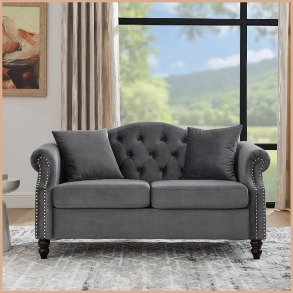 57" Chesterfield 2-Seater Grey Velvet Sofa with Pillows – Tufted Rolled Arms & Nailhead Trim for Living Room, Bedroom, Office