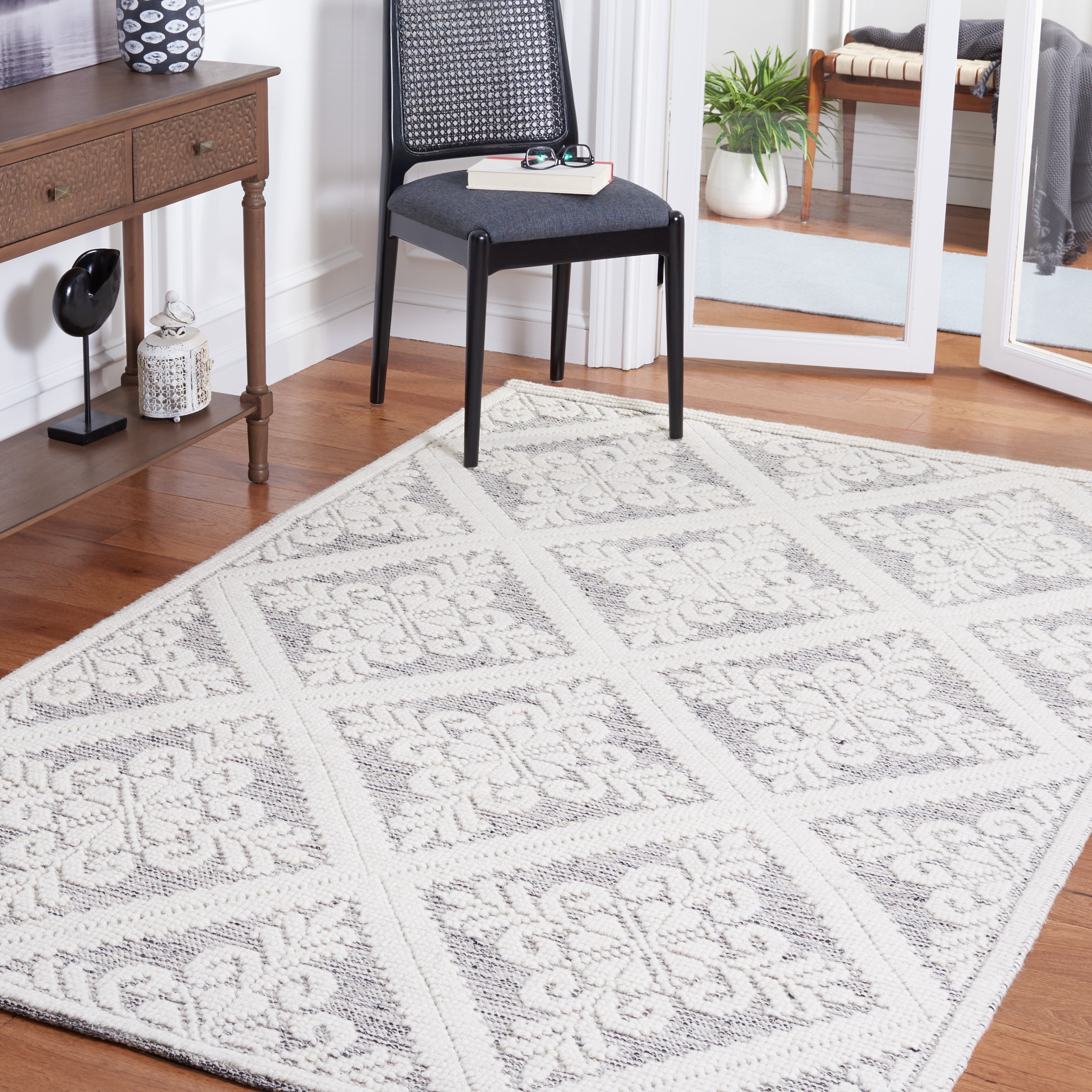 SAFAVIEH Vermont Trinity Floral Geometric Wool Area Rug, 6' x 9', Ivory/Grey