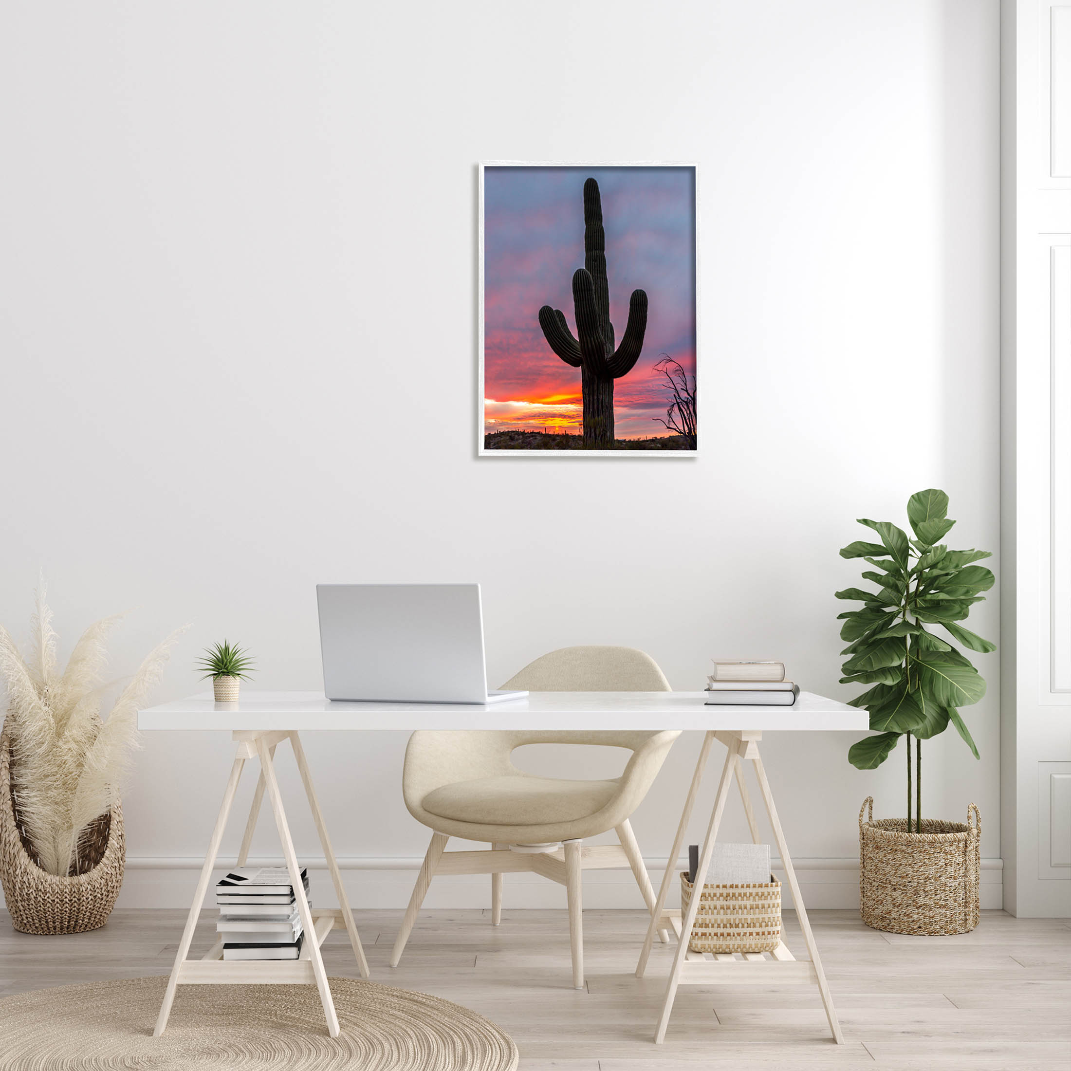 Looming Desert Cactus Silhouette Landscape Photograph White Framed Art Print Wall Art