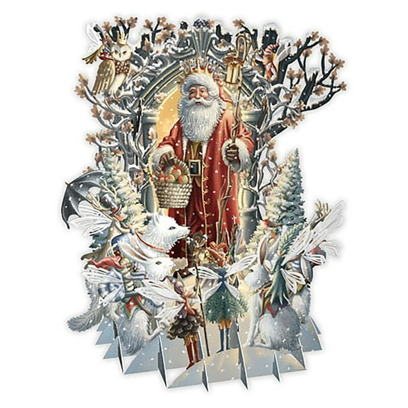 Me & McQ Carol Singers: Woodland Santa Surrounded By Wolves, Rabbits and Fairies Laser Cut 3D Pop Up Christmas Card