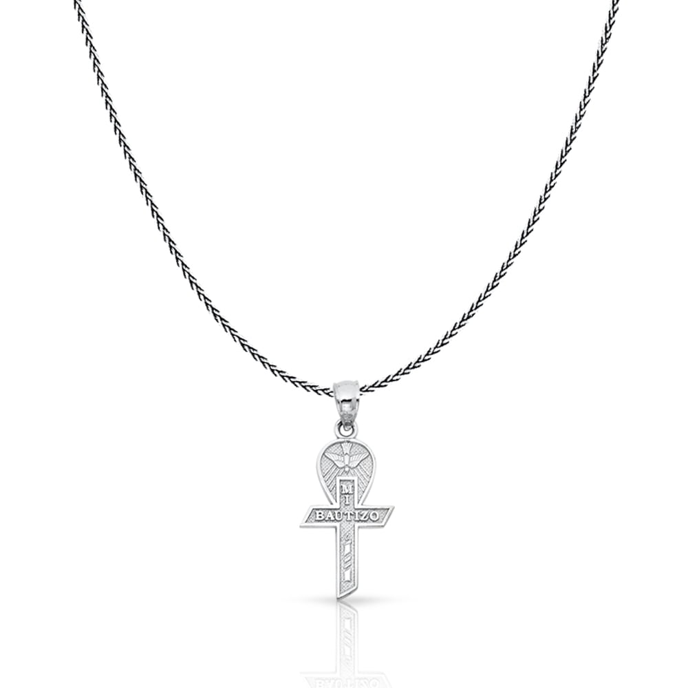 14K Yellow Gold Cross Charm Pendant with 0.9mm Wheat Chain Necklace