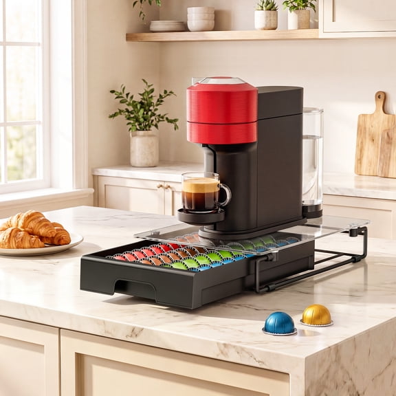 Everie Coffee Pod Holder Drawer Compatible with Nespresso Vertuo Capsules,Tempered Glass Top, Holds 40 Large or 52 Small Pod Capacity Organizer