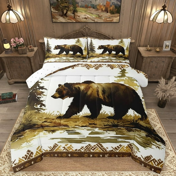 Homewish Wildlife Bear Bedding Comforter Set 2pcs for Kids Teens,Jungle Animal Twin Comforter Sets Microfiber,Green Brown Breathable Bedding Set,Super Cozy Room Decor,Reversible