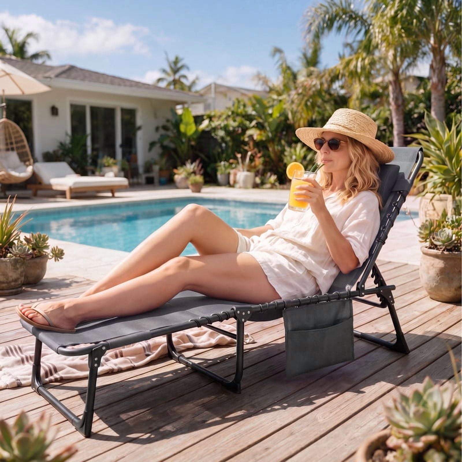 Vineego Folding Chaise Lounge Chair with Face Hole for Tanning, 5-Position Adjustable Textilene Outdoor Sunbathing Chair, Face Down Patio Pool Lounge Chair with Side Pocket & Pillow, Gray
