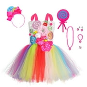 Arc-en-ciel princesse filles bonbons Tutu robe pour anniversaire carnaval Costume pour enfants sucette douce fleur fille vêtements avec bandeau