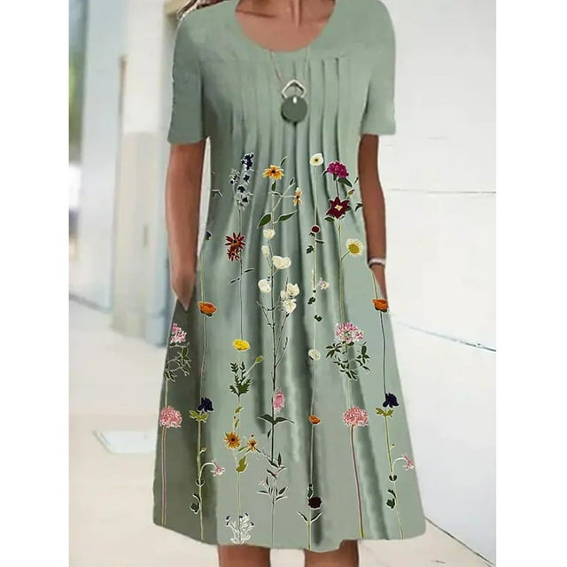 Robes Soleil Femmes Été Décontracté Manches Courtes Tunique Chemise Midi Robes d'Été pour Femmes Imprimé Marguerites Robe Grande Taille pour Femmes Col Robe de Collation des Grades