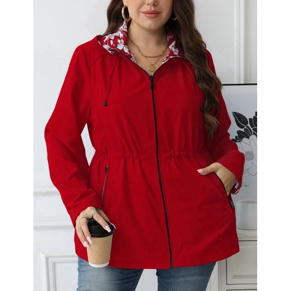 Giolshon Women's Plus Size Reversible Floral Print Hooded Casual Lightweight Windbreaker Outerwear