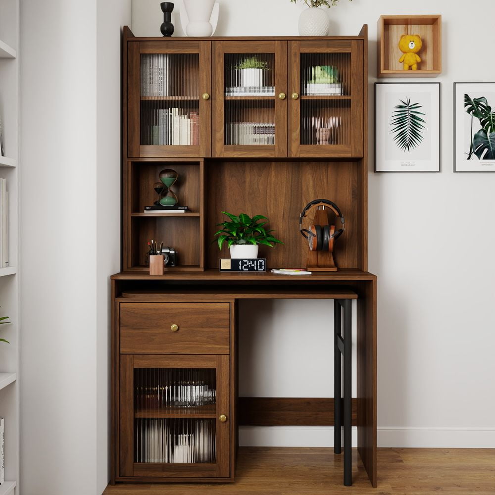 LUMAMIN Rotating Computer Desk, L Shaped Desk Writing Table Home Office Workstation with 90° Extendable Desktop, Glass-Door Cabinets, Bookshelf & Hutch, White