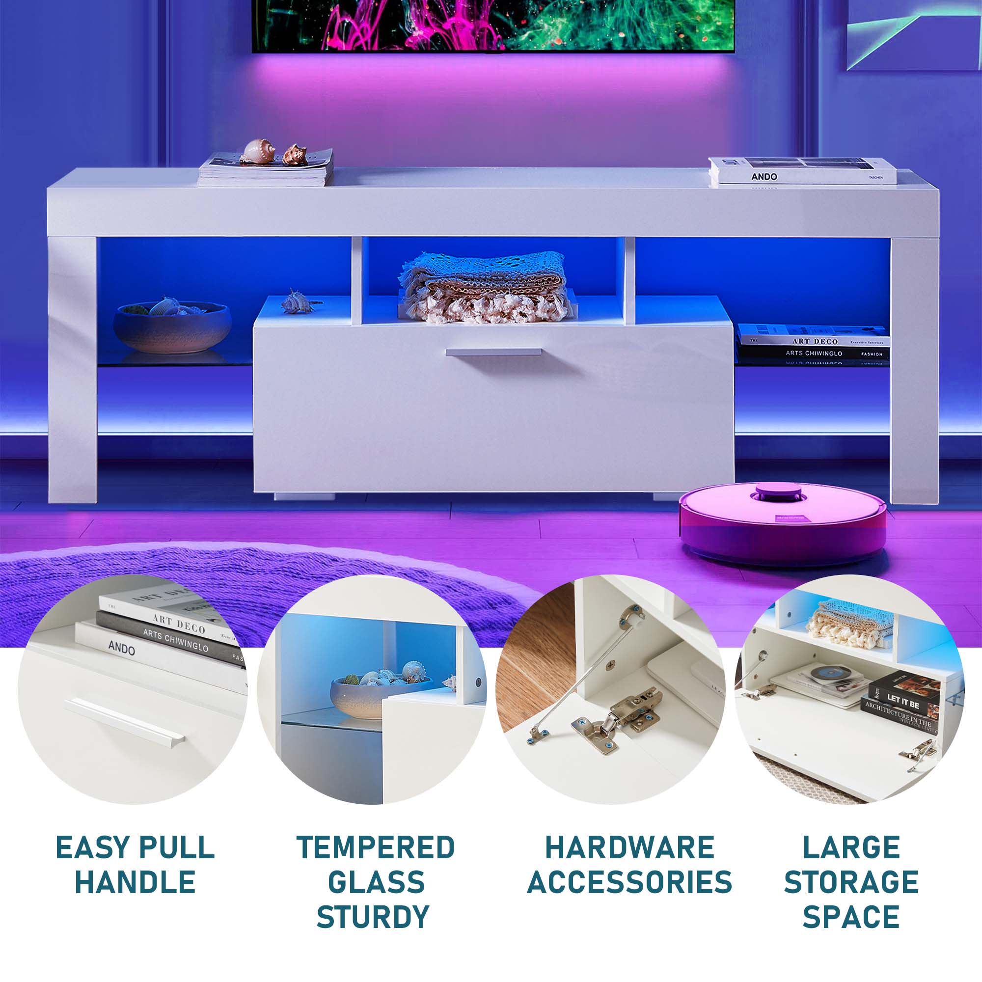 Aukfa LED  TV Stand for TVs up to 60", Storage TV Cabinet for Living Room - White