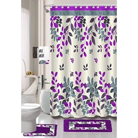 15pc PURPLE HINATA Bathroom Set Printed Banded Rubber Backing Rug Bath Mats With Fabric Shower Curtain & Hooks New (Best Bathroom Shower Brands)