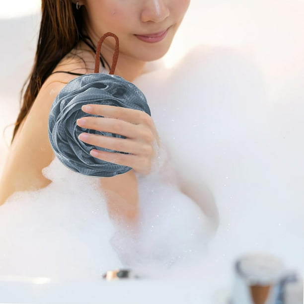 Accesorios de baño, baño de rosas, baño y exfoliante, baño de flores, espuma de baño, tamaño grande, súper suave, no se afloja fácilmente, con cuerda para colgar, bola de baño.