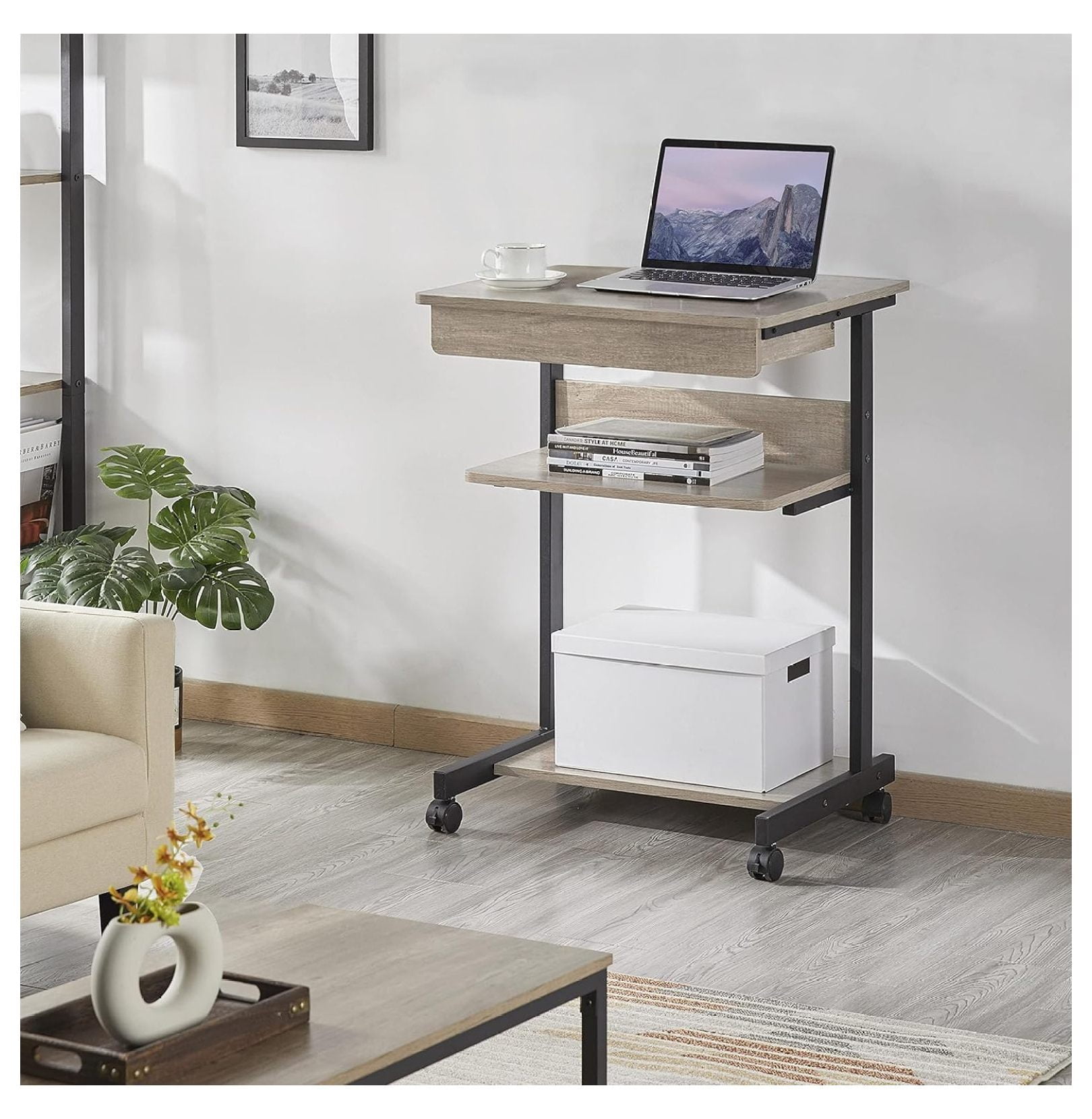 Gray Art Deco Desk, Rolling Computer Desk Cart with Drawer, Small Space for Writing, Laptop, PC, 22 x 20.1 x 31.5 inches